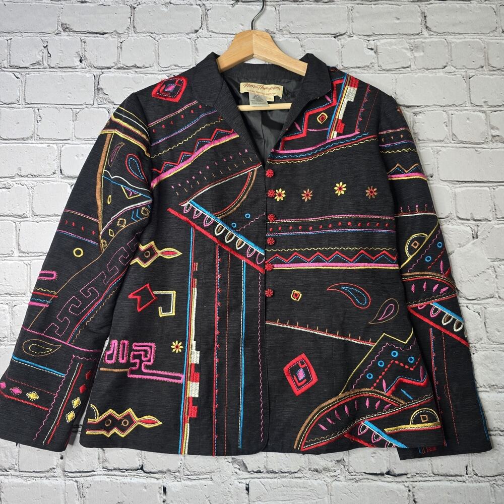 Vintage Norm Thompson Silk Shell Artsy Multicolor Stitch Jacket Blazer Small